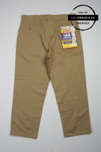 Lot 410 Tab Twills Sanforized colorfast khaki double belt loops on front cuffed dead stock 1950s.