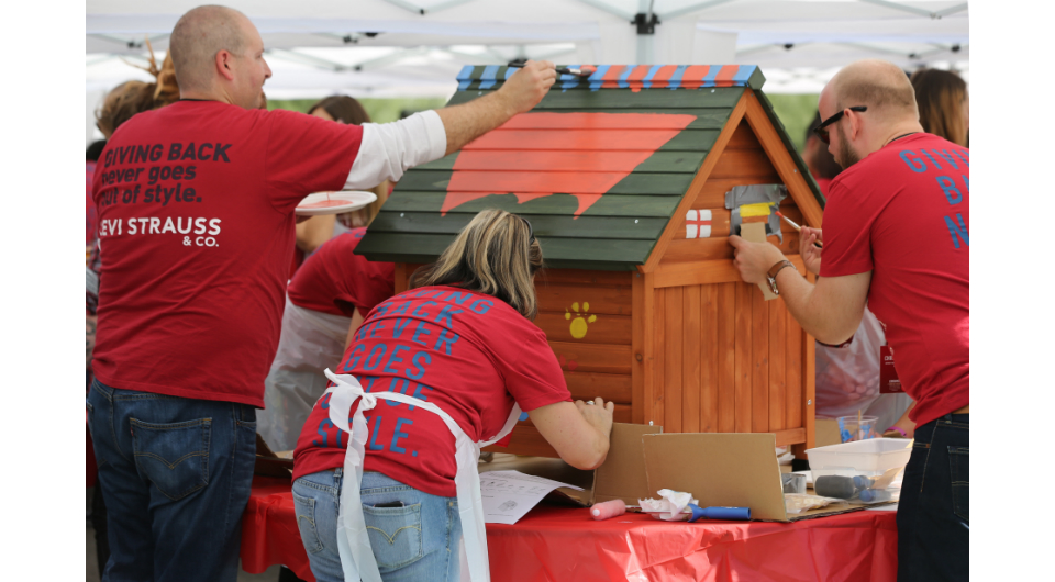 Levi Strauss employees painting doghouse