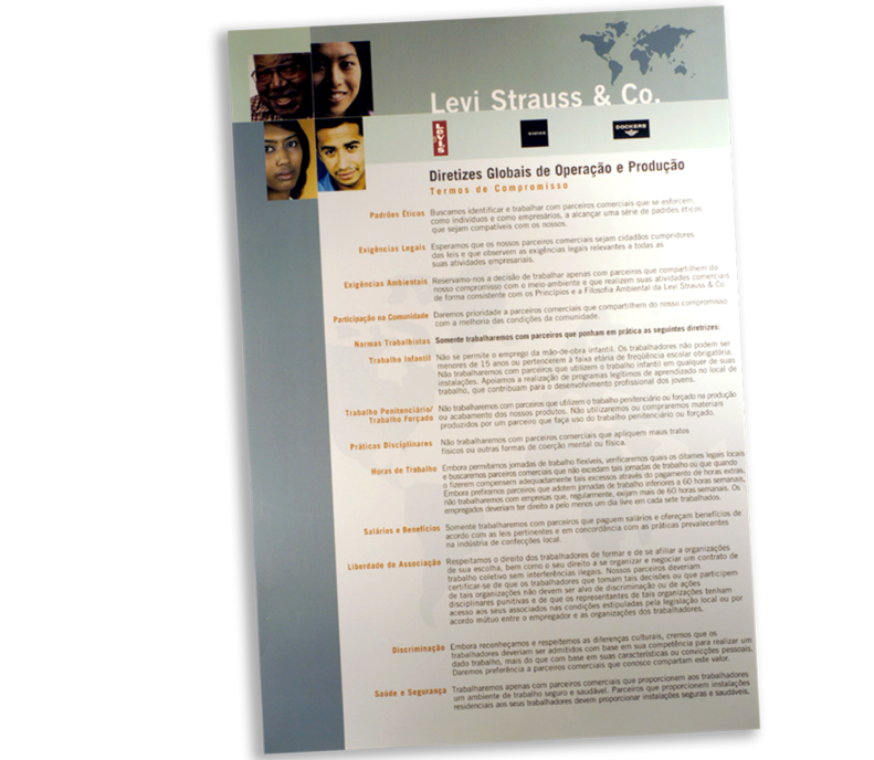 A photo of a Levi Strauss & Co. terms and engagement pamphlet with lots of text on the page. A collage of four faces sits in the upper left corner next to a header that reads "Levi Strauss & Co."