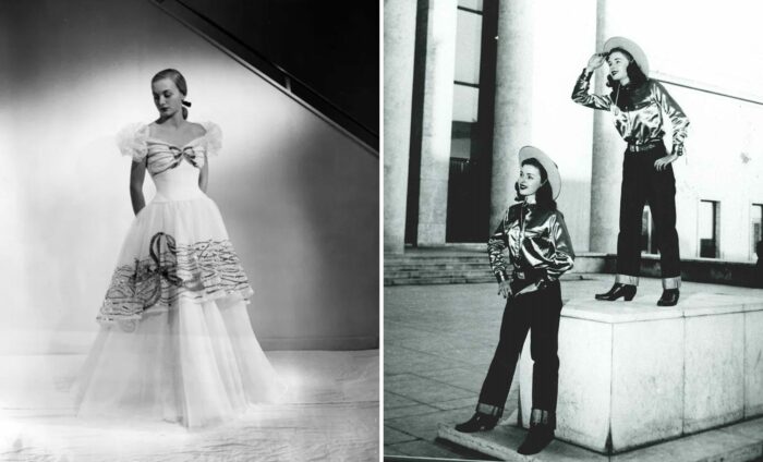 Left: Emma Domb modeling debutante gown. Right: Priscilla and Patricia Emery modelling Lot 701 jeans
