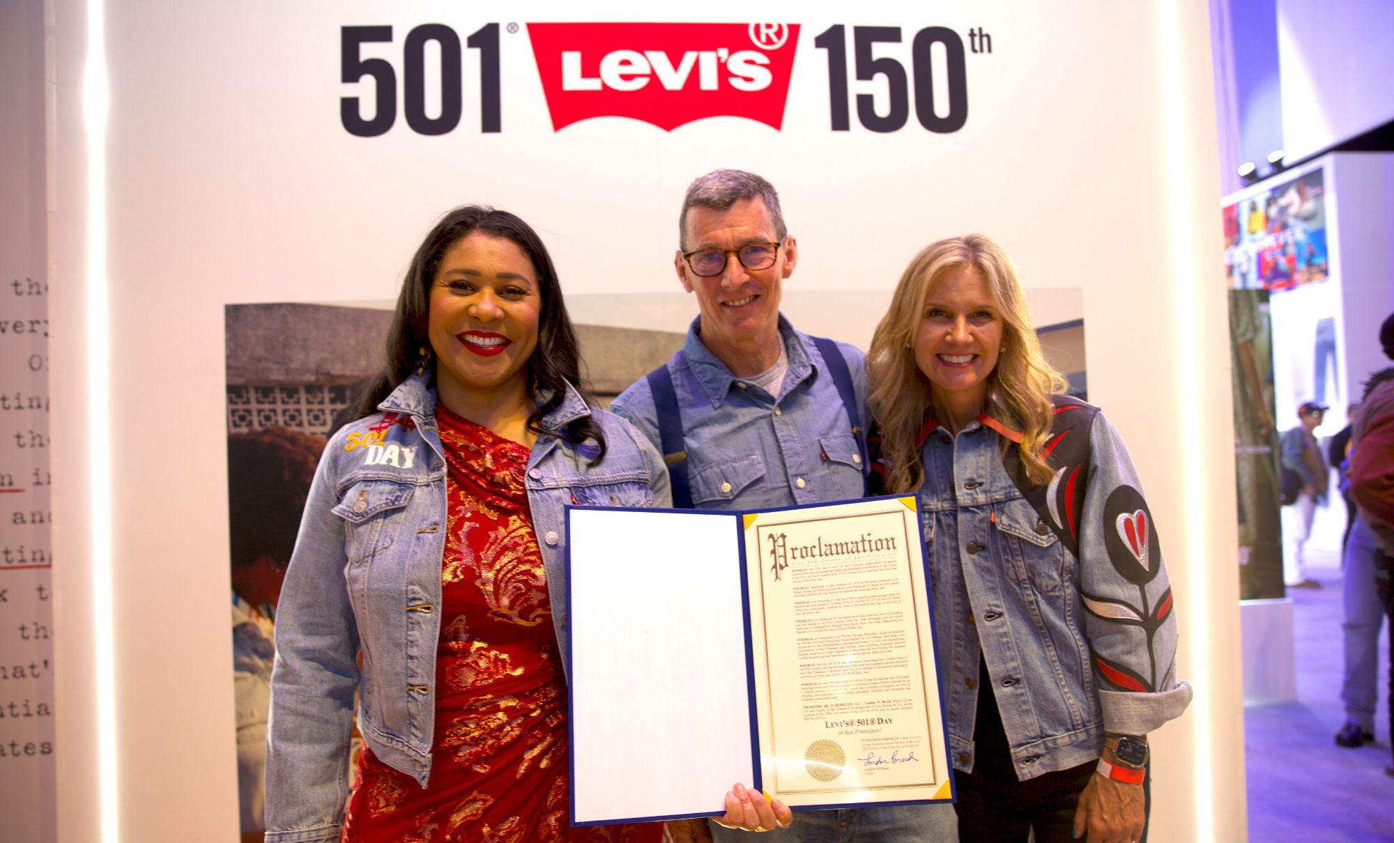Mayor London Breed, Chip Bergh holding the Proclamation, Michelle Gass