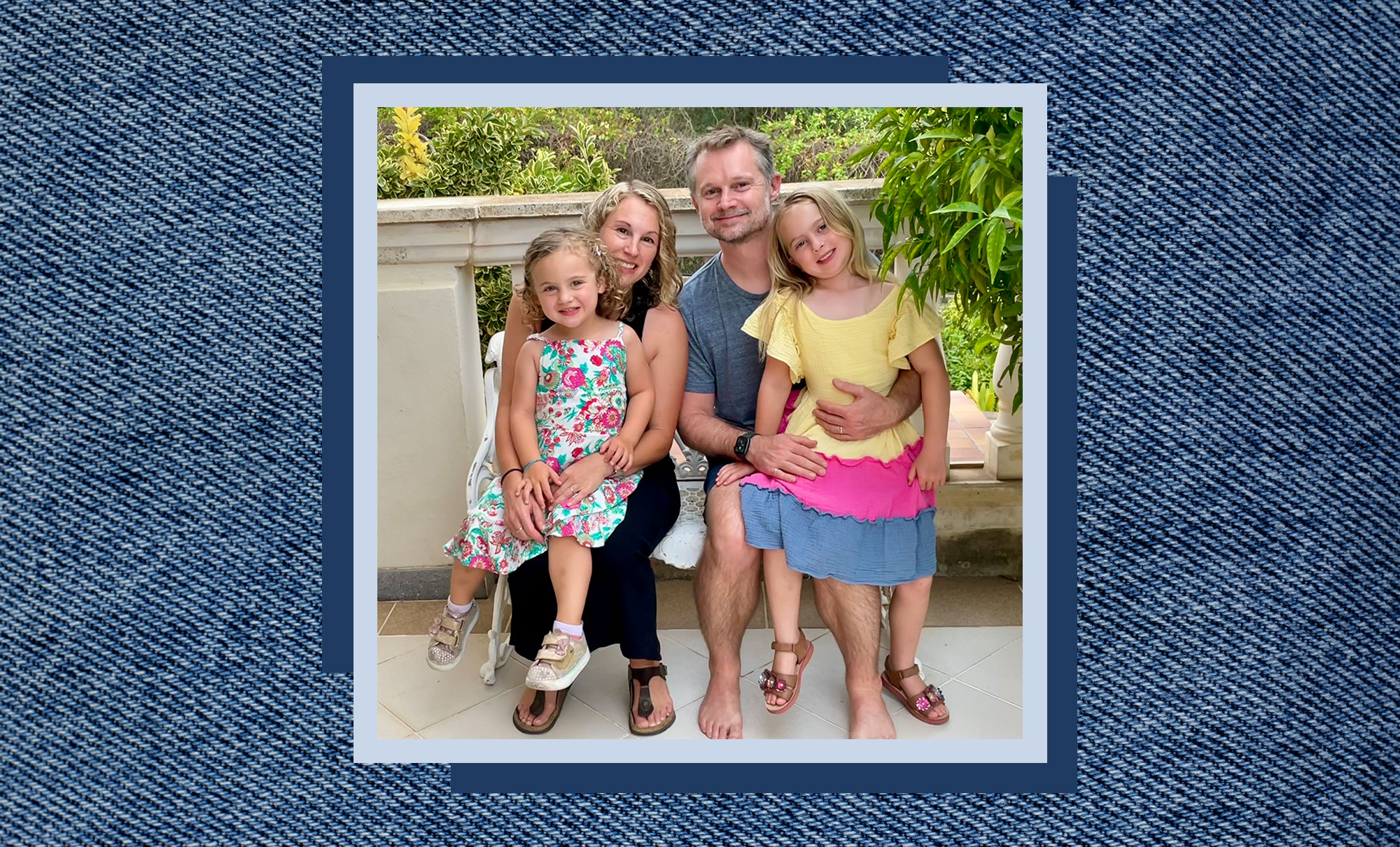 Dockers® CEO Natalie MacLennan sits with her two daughters and husband