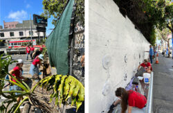 Left: LS&Co. employee volunteers prepare a fence at the Phoenix Hotel. Right: LS&Co. employee volunteers paint a wall to prepare for a community mural. 