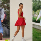 From left to right: A model wears a denim-on-denim Levi's® look. a model wears a red Beyond Yoga® top and skirt, a model wears a Levi's® denim dress
