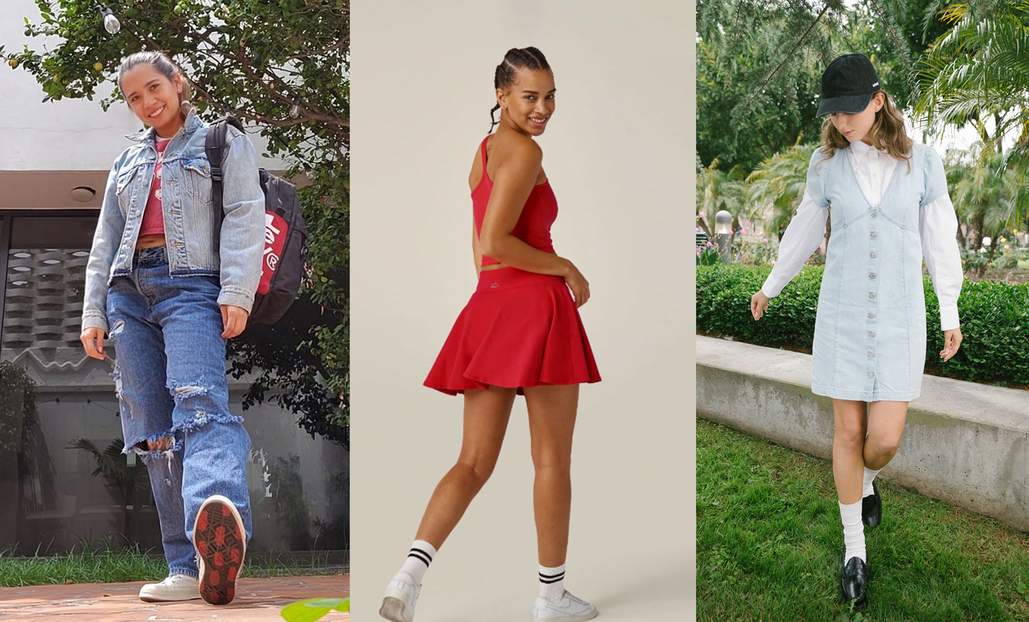 From left to right: A model wears a denim-on-denim Levi's® look. a model wears a red Beyond Yoga® top and skirt, a model wears a Levi's® denim dress