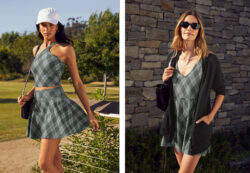 Two photos of models wearing Beyond Yoga® argyle print tops and skirt sets. 