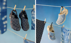 Left: the new All-Terrain Clog in navy from the Levi's® x Crocs collection hangs on a clothesline with clothespins