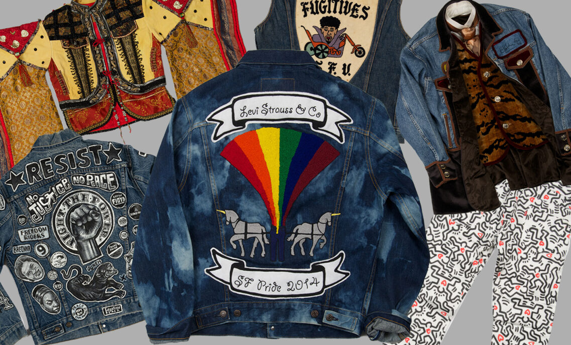 A collage of pieces from the Queer Britain Museum's exhibit, From The Levi’s® Archives: Icons in Denim — A Queer Perspective.