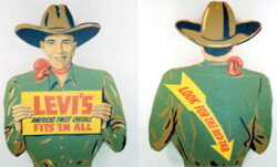 Left: the top half of "Shane," a cardboard cowboy, in a green collared shirt, brown cowboy hat, and red neck scarf. He holds a sign that reads "Levi's America's Finest Overall Fits 'Em All." Right: the back of "Shane," featuring a large yellow arrow that points towards his unseen back right pocket and reads "Look For the Red Tab"