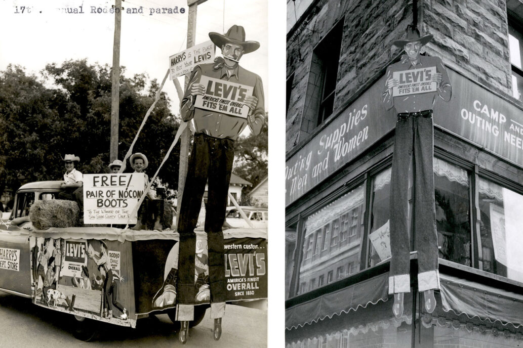 Left: a black and white image shows a pickup truck advertising Levi's®. People in the back of the truck hold a sign that reads "Free/Pair of Nocona Boots". "Shane," a tall cowboy cutout advertisement, is on the right. The truck bed is decorated with various Levi's® advertisements. Right: A cardboard "Shane" hangs on the corner of a building advertising Levi's®