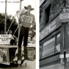 Left: a black and white image shows a pickup truck advertising Levi's®. People in the back of the truck hold a sign that reads "Free/Pair of Nocona Boots". "Shane," a tall cowboy cutout advertisement, is on the right. The truck bed is decorated with various Levi's® advertisements. Right: A cardboard "Shane" hangs on the corner of a building advertising Levi's®