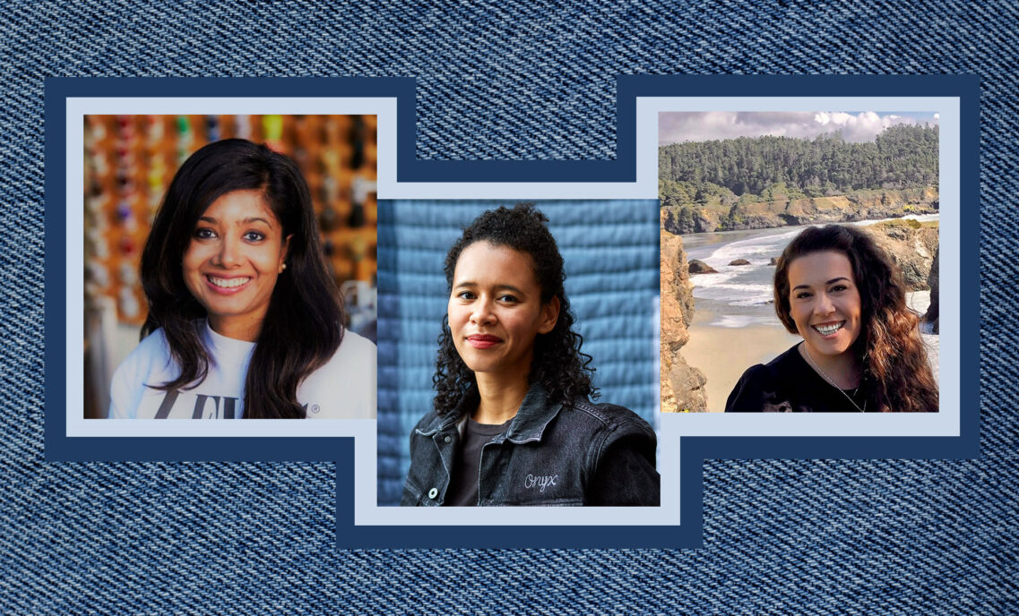 Three headshots of LS&Co. employees are overlayed on a blue denim background