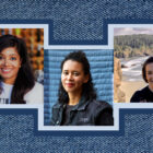 Three headshots of LS&Co. employees are overlayed on a blue denim background