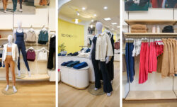 Three photos of the interior of the new Beyond Yoga® store in Walnut Creek, CA. The photos feature mannequins and Beyond yoga® athleisure product displays.