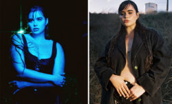 Barbie Ferreira in photos for her new collection with Levi's®. Lect: she has her arms crossed and is illuminated in blue light. She has on a black lace up corset top and is looking slightly to the left. Right: Her hair is down and she is wearing an open black denim jacket. Her hands are set on her belt loops.