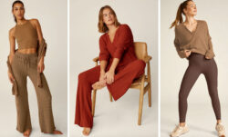 Three models wear Beyond Yoga® Free Style Pant and pullover lounge products. 