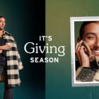 Text reading "It's Giving Season" in between a model wearing a black and white plaid Levi's coat and a photo frame of the same model's headshot with a silver bow on top