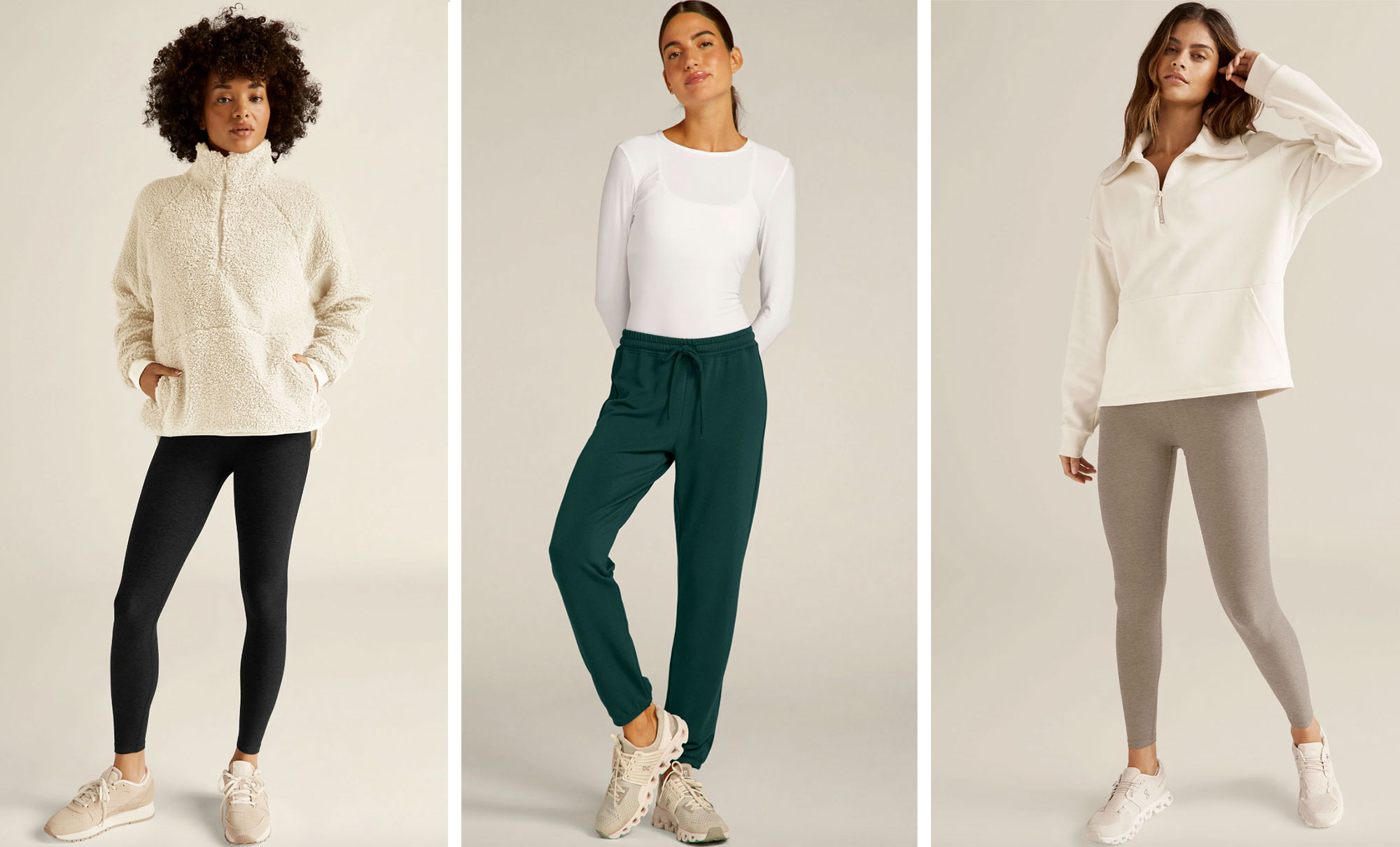 Collage of three models, one wearing the Take Flight Pullover, one wearing the Off Duty Jogger and one wearing the Trek Pullover