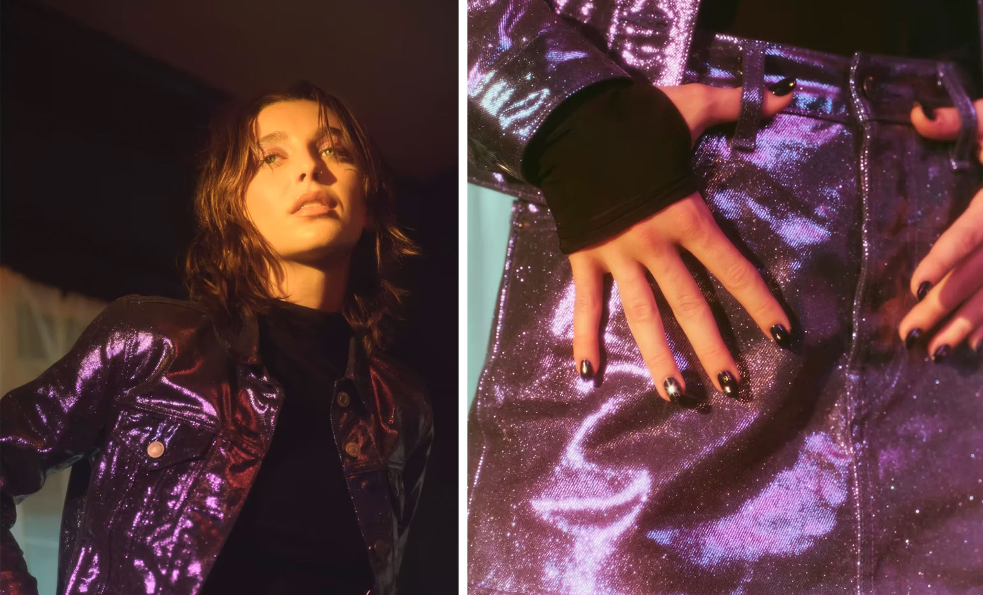 Emma Chamberlain wearing the pearlescent Trucker Jacket and close up of the Icon Skirt