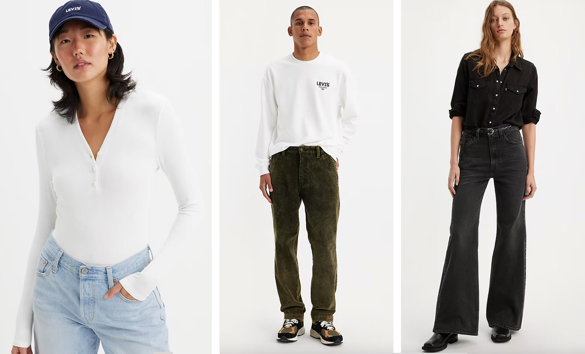 Collage of three models wearing the Dreamy Henley, the XX Authentic Chino and the Ribcage Bell