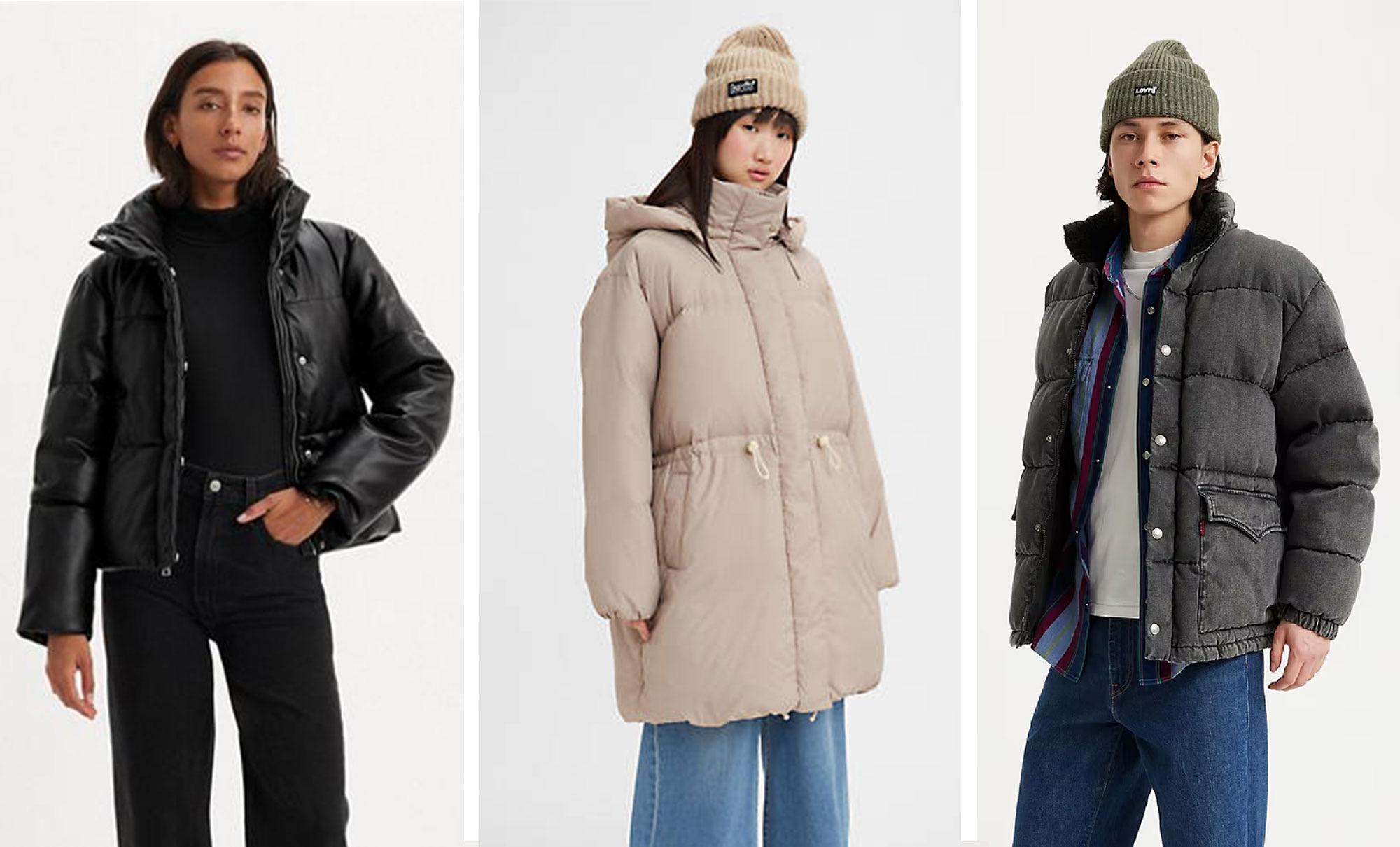 A collage of three puffers - faux black leather puffer, bubble puffer and western super puffer