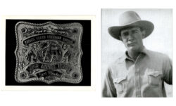 Left: a silver belt buckle sits on a black background. Right: a black and white image of rodeo star Earl Thode