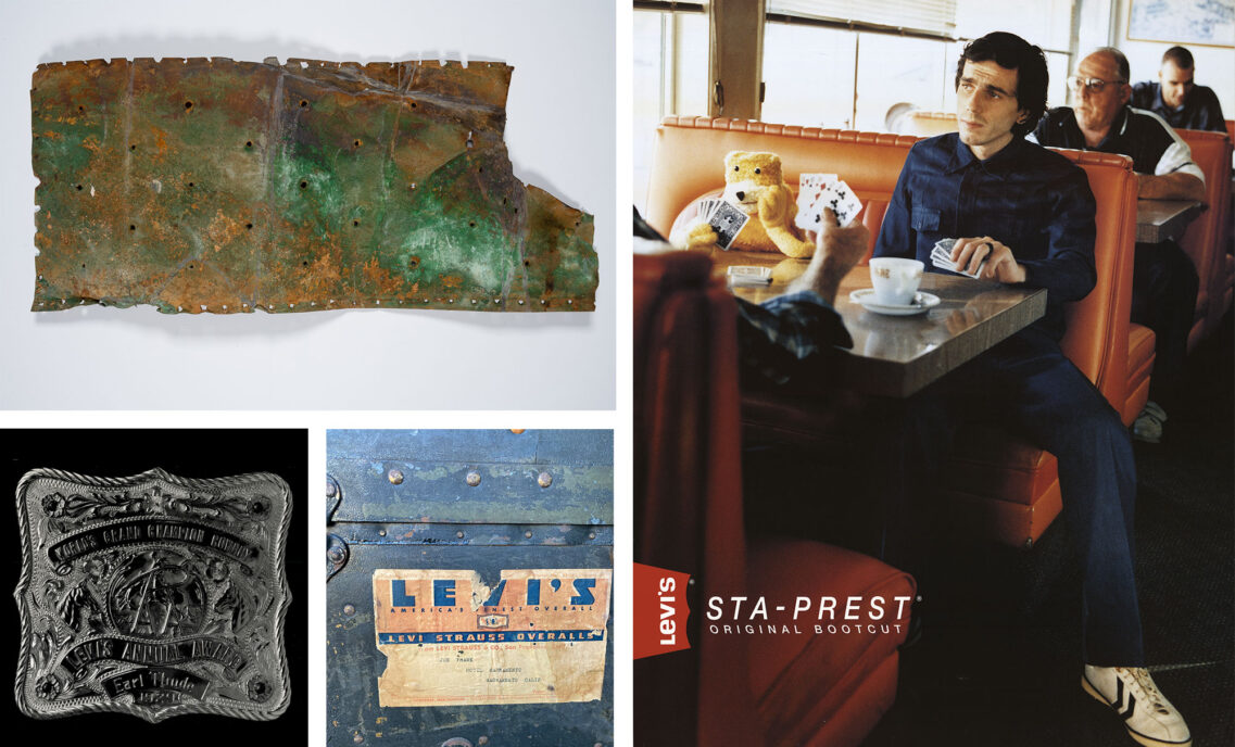 A collage of items in the LS&Co. Archives, including a belt buckle, a copper plate, a steamer trunk, and an image of an ad featuring "Flat Eric."