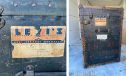 A close up of the letters on a run down black Levi's® steamer travel trunk next to a photo of a zoomed out version of the trunk.