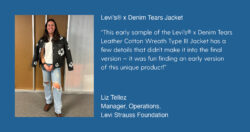 An employee poses with a black jacket stamped with white flowers. Text reads “This early sample of the Levi's® x Denim Tears Leather Cotton Wreath Type III Jacket has a few details that didn’t make it into the final version — it was fun finding an early version of this unique product!”