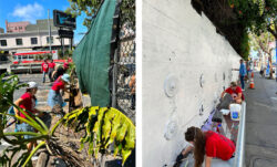 Two photos of LS&Co. employees at a volunteer project, preparing a wall and mural at the Phoenix Hotel in San Francisco's Tenderloin district.