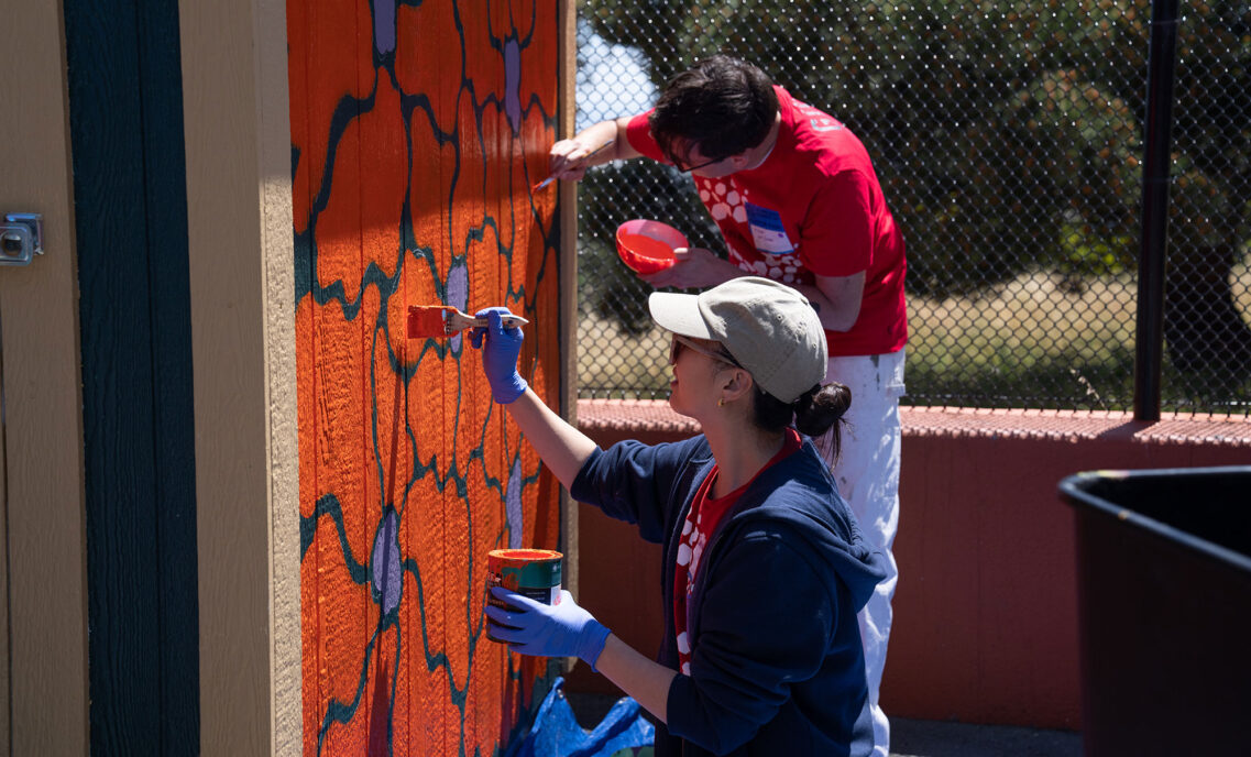 Two LS&Co. employees paint a mural.