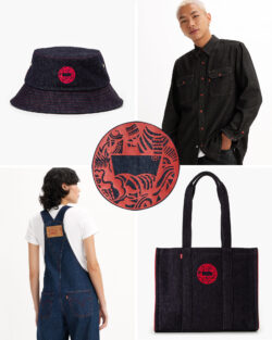 Clockwise: denim bucket hat, denim overshirt, overalls and denim tote bag from the new Levi's® Lunar New Year collection. Center: the red dragon artwork from the collection.