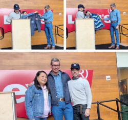 LS&Co. CEO Chip Bergh is presented with a custom Trucker jacket made by the Eureka Innovation Lab.