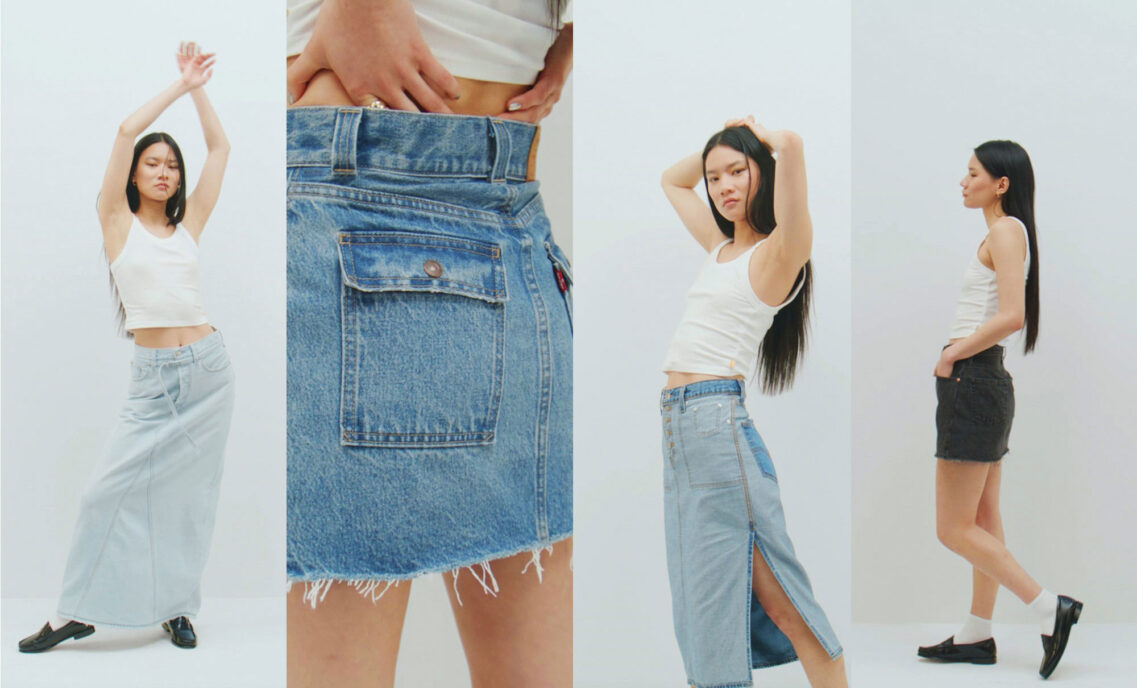 Four photos of a person posing with a white tank top and various Levi's® denim skirts.