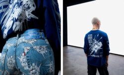 Left: a close up of the back of a person wearing the Levi's® x Gundam dark blue Long Sleeve Tee featureing an eye-popping ZGMF-X10A Freedom Gundam print on the back, tucked into the Levi's® x Gundam SEED ’93 501® jeans, made from indigo denim with a light stonewash finish and featuring patterned prints of the Strike Gundam, a blue jacron backpatch and a cobranded patch. The right image shows the back of a person wearing the same dark blue long sleeve against a white screen background, standing on a cement floor. They are also wearing black cargo pants.