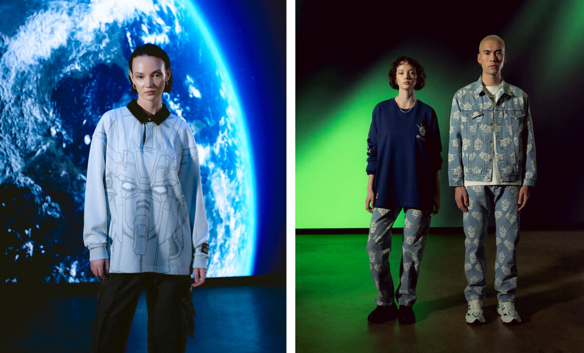 Images from the Levi's® x Gundam collaboration. Left: a person stands in front of a blue toned planet background wearing the light gray Rugby with a cotton twill black collar, an oversized Strike Gundam print and a jacquard jock tag. The right image shows two people, the first wears the dark blue Long Sleeve Tee which features a mix of reflective and non-reflective print on the left chest and right sleeve. The person on the right wears the Relaxed Trucker, made from indigo denim with a light stonewash finish and featuring patterned prints of the Strike Gundam, a blue jacron backpatch and a cobranded patch. They are both wearing the Levi’s® x Gundam SEED ’93 501® jeans with the same pattern.