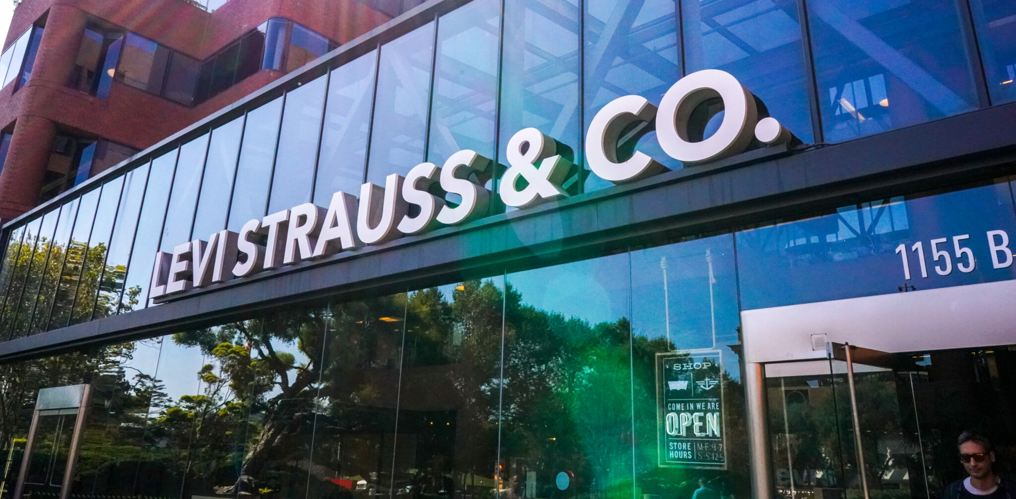 Plaza headquarters entrance with Levi Strauss & Co. company logo