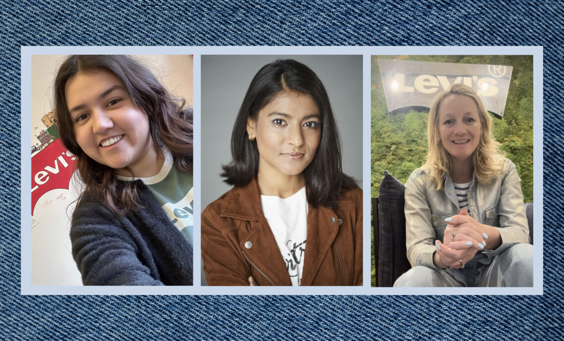 Photos of LS&Co. employees Danni Hirst, Nasima Amin and Valerie Van Namen on a blue denim texture background.