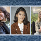 Photos of LS&Co. employees Danni Hirst, Nasima Amin and Valerie Van Namen on a blue denim texture background.