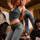 A still from the 2024 Live in Levi's® campaign video, "The Floor is Yours," featuring Ffur friends wearing Levi's® products in the middle of dancing in a living room.