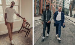 Left: a person wearing a white T-shirt and tan Dockers® GO pants with white sneakers stands up and leans a hand on a wooden chair. Right: two people walking side by side on a sidewalk. The person on the left wears a baseball cap, a black puffer vest over a grey pullover, dark navy Dockers® GO pants and sneakers. The person on the left wears an open blue jacket over a white T-shirt with a hand in their pocket and blue Dockers® GO pants. 