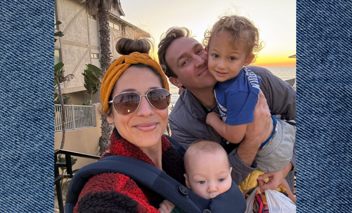 VP of Marketing at Byond Yoga® Katie Babineau poses in a selfie with her husband and two young children.