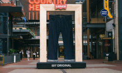 A pair of giant Levi's® 501® jeans hangs in a wooden frame with the red Levi's® batwing logo at the top and "501® Original" written at the bottom. The framed jeans sit in a plaza of a shopping mall.