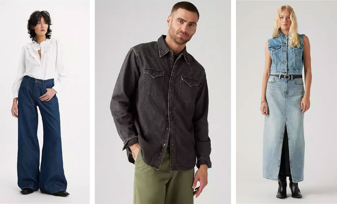 Left to right: a person stands in a white top and wide dark denim wash Levi's® jeans; a person stands in a long sleeve black denim Levi's® western shirt; a person stands in a light wash Levi's® denim vest and long denim skirt.