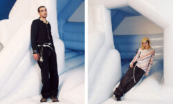 Left: a model leans on the wall of a bounce house wearing pieces from the new Levi's® x Kiko Kostadinov men's collection. Right: a model sits on a bounce house wearing pieces from the women's Levi's® x Kiko Kostadinov colelction.