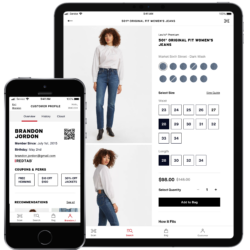 A smartphone and tablet display screens from the Back Pocket app, featuring Levi's® product information and photos. 