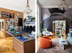 Two photos of the interior of the Levi's® Haus of Strauss Paris. Left: a denim customization station sits in front of a wall covered in Levi's®-related posters and memorabilia. Right: a living space featuring an orange plush sofa chair, a sky blue plus sofa, a coffee table, a wall with a print of a Levi's® Trucker jacket, and other design elements.