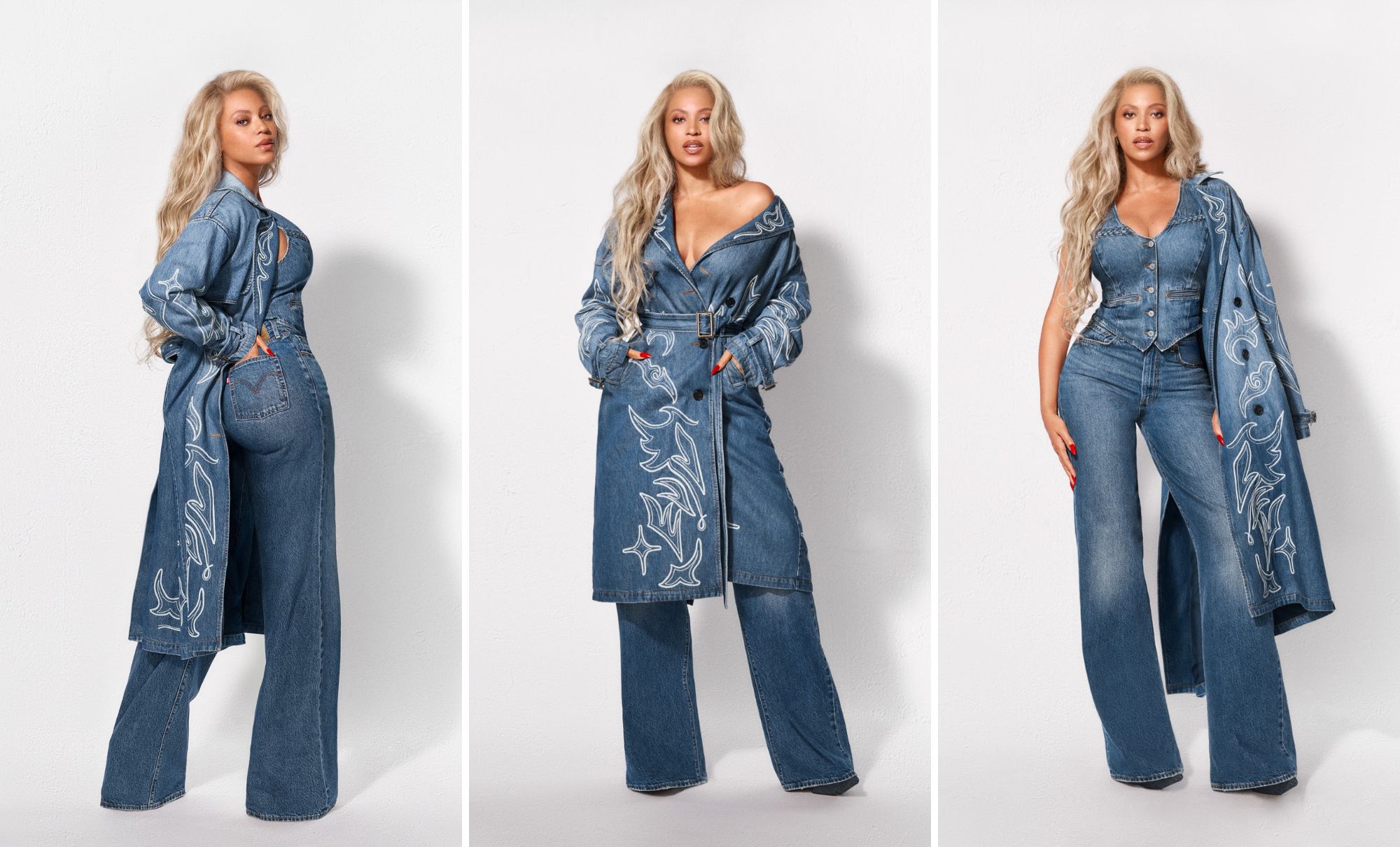 Collage of three Beyonce images in denim-on-denim dressing featuring a pair of Levi's jeans and midlength denim jacket. Left image is Beyonce looking over her shoulder at the camera. Center image is Beyonce looking straight at the camera, the jacket partway off her left shoulder and hands in the jacket pockets. Right image is Beyonce looking at the camera with the jacket hanging off her left shoulder, showing a denim vest underneath.