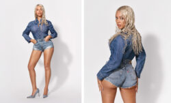 Two images of Beyoncé modeling a Levi’s® Iconic Western Shirt and 501® Original Shorts