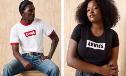 Left: a person sits on a stool wearing a white and red ringer tee from the BEYONCÉ X LEVI'S® Tees collection featuring a red Levi's® batwing logo graphic that reads "Levii's." They wear blue denim Levi's® jeans and a brown belt. Right: a person wears a black T-shirt from the BEYONCÉ X LEVI'S® Tees collection. The shirt is black with a white Levi's® batwing logo that reads "Levii's"